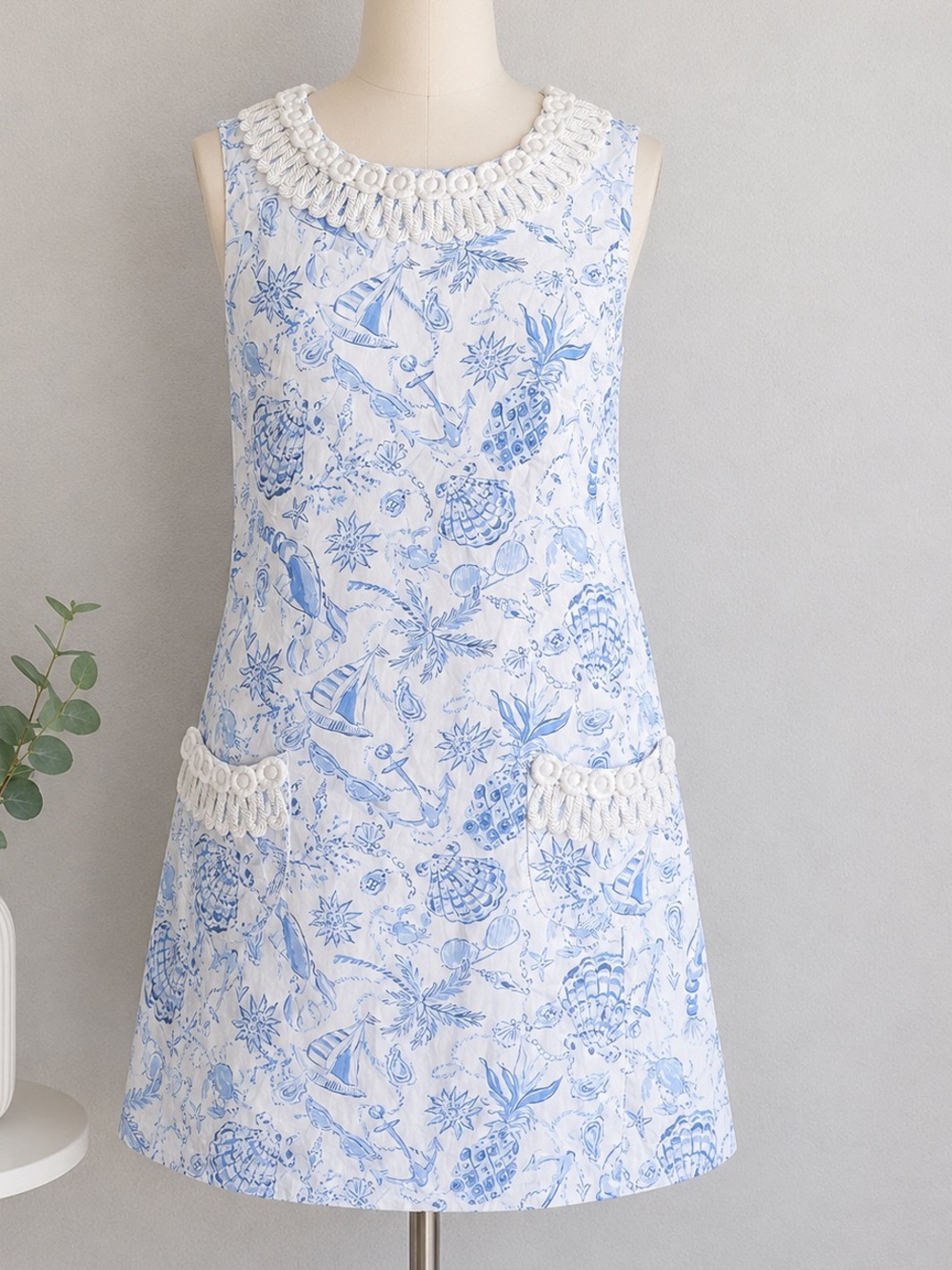 Lilly Pulitzer White and Light Blue Nautical Floral Crochet-Trim Mini Dress